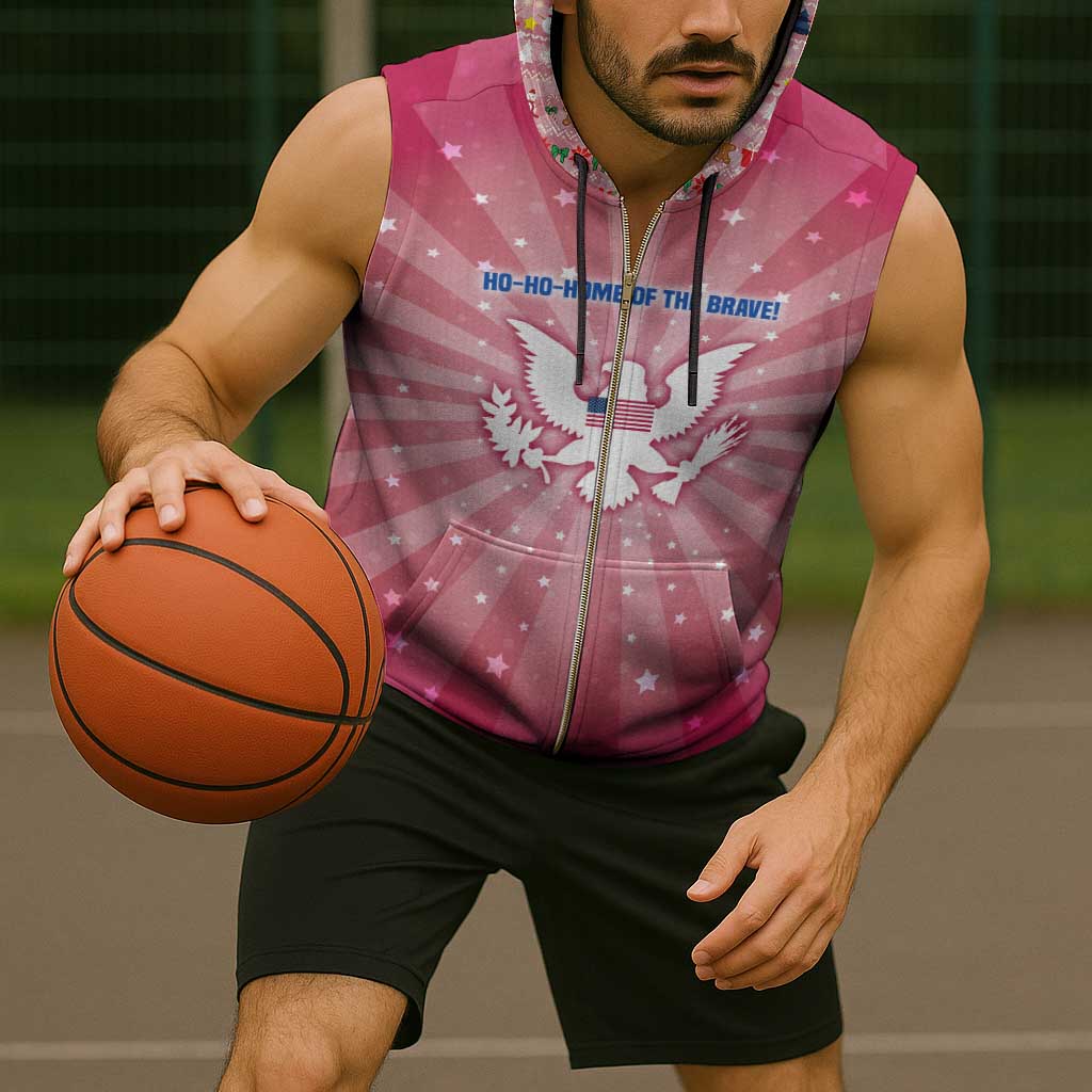 USA Christmas Sleeveless Zip Hoodie with Bald Eagle Seal Pink Starburst Pattern and Festive Holiday Icons - Wonder Print Shop