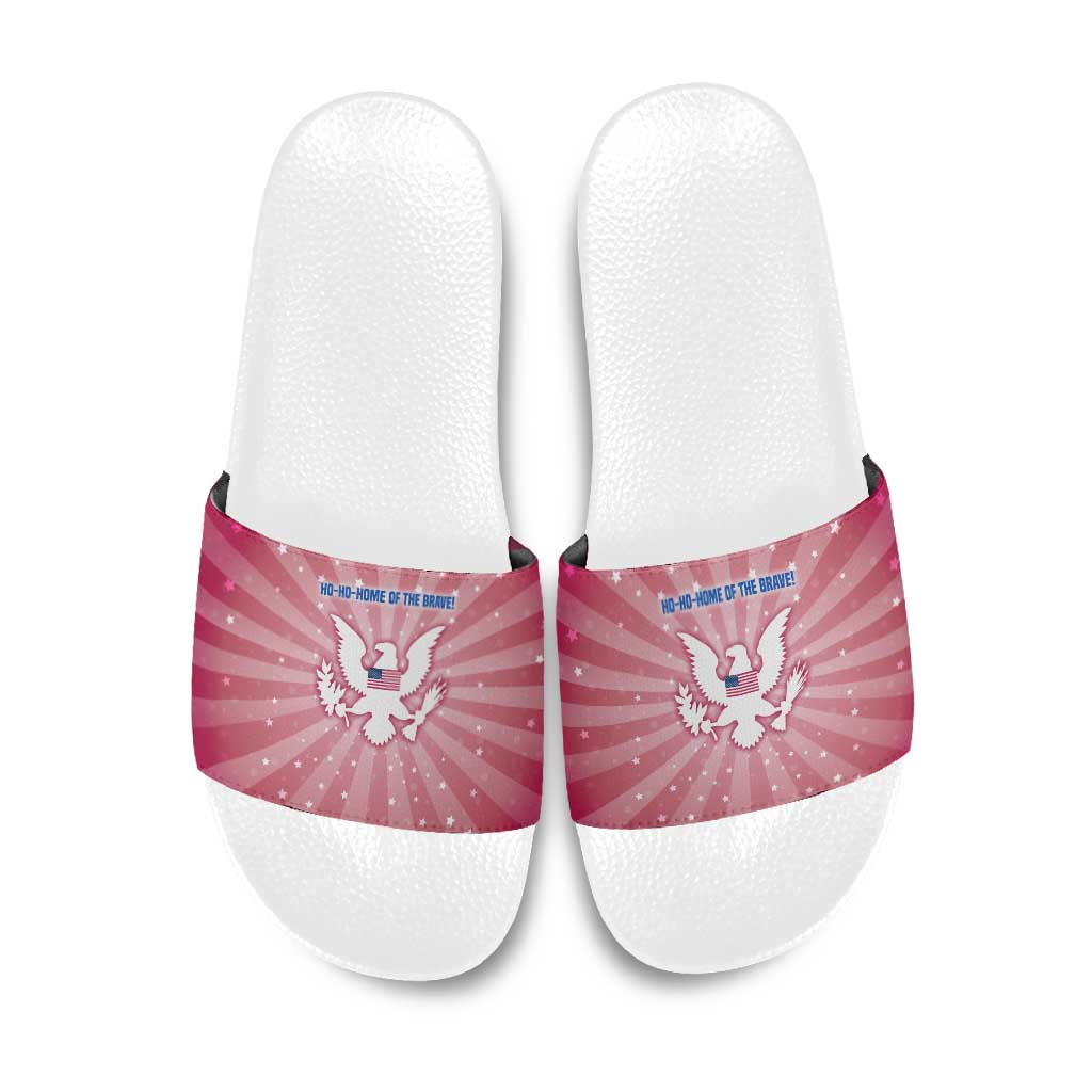 USA Christmas Slide Sandals with Bald Eagle Seal Pink Starburst Pattern and Festive Holiday Icons - Wonder Print Shop