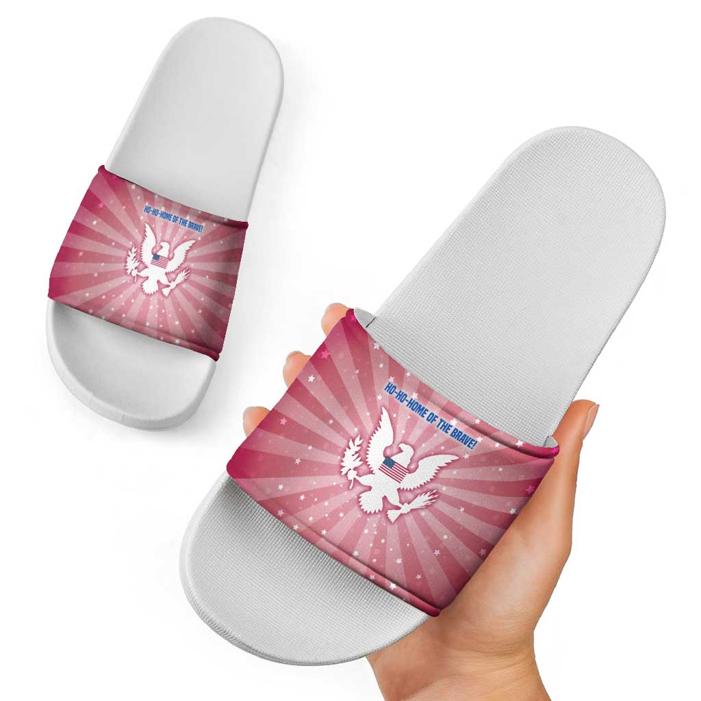 USA Christmas Slide Sandals with Bald Eagle Seal Pink Starburst Pattern and Festive Holiday Icons - Wonder Print Shop