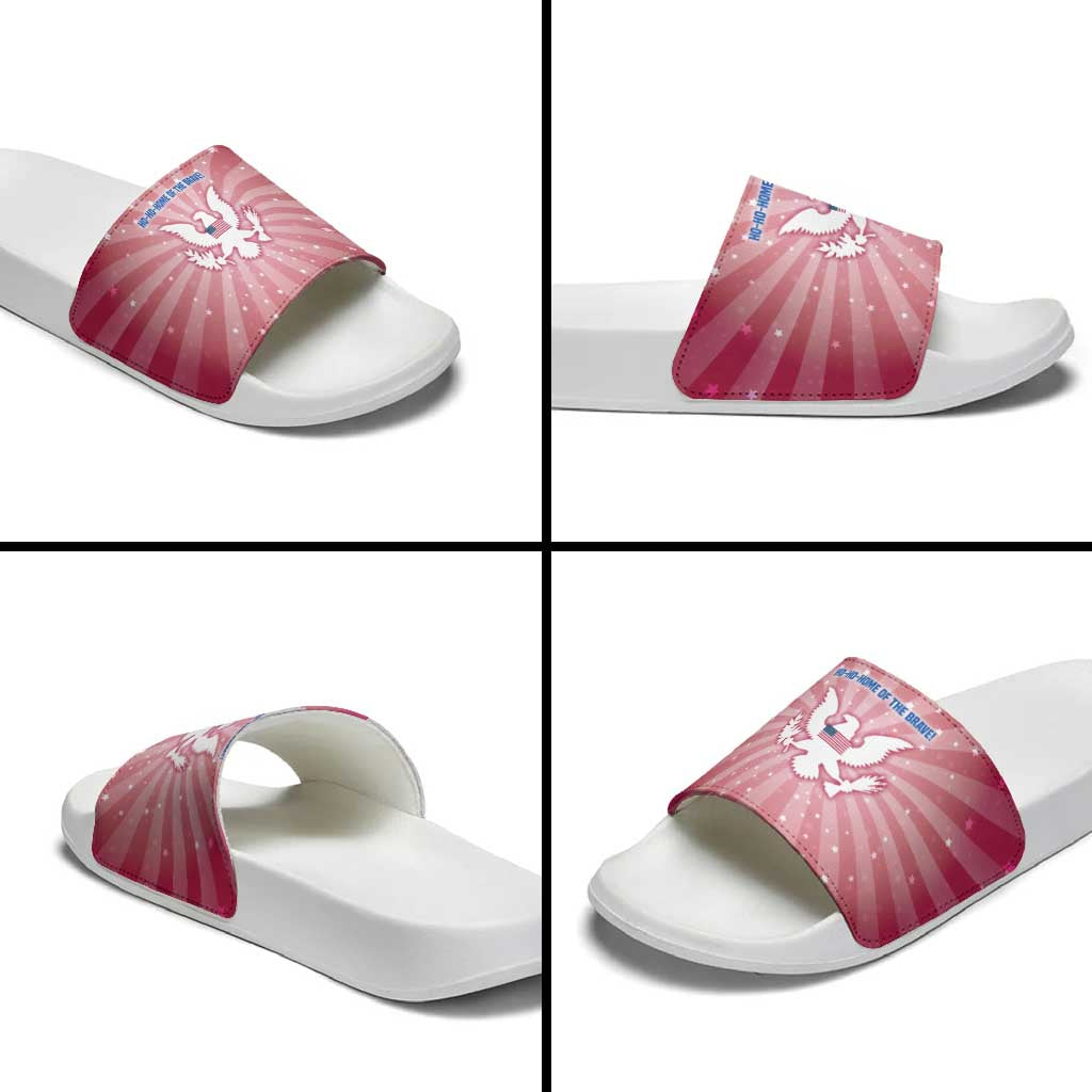 USA Christmas Slide Sandals with Bald Eagle Seal Pink Starburst Pattern and Festive Holiday Icons - Wonder Print Shop