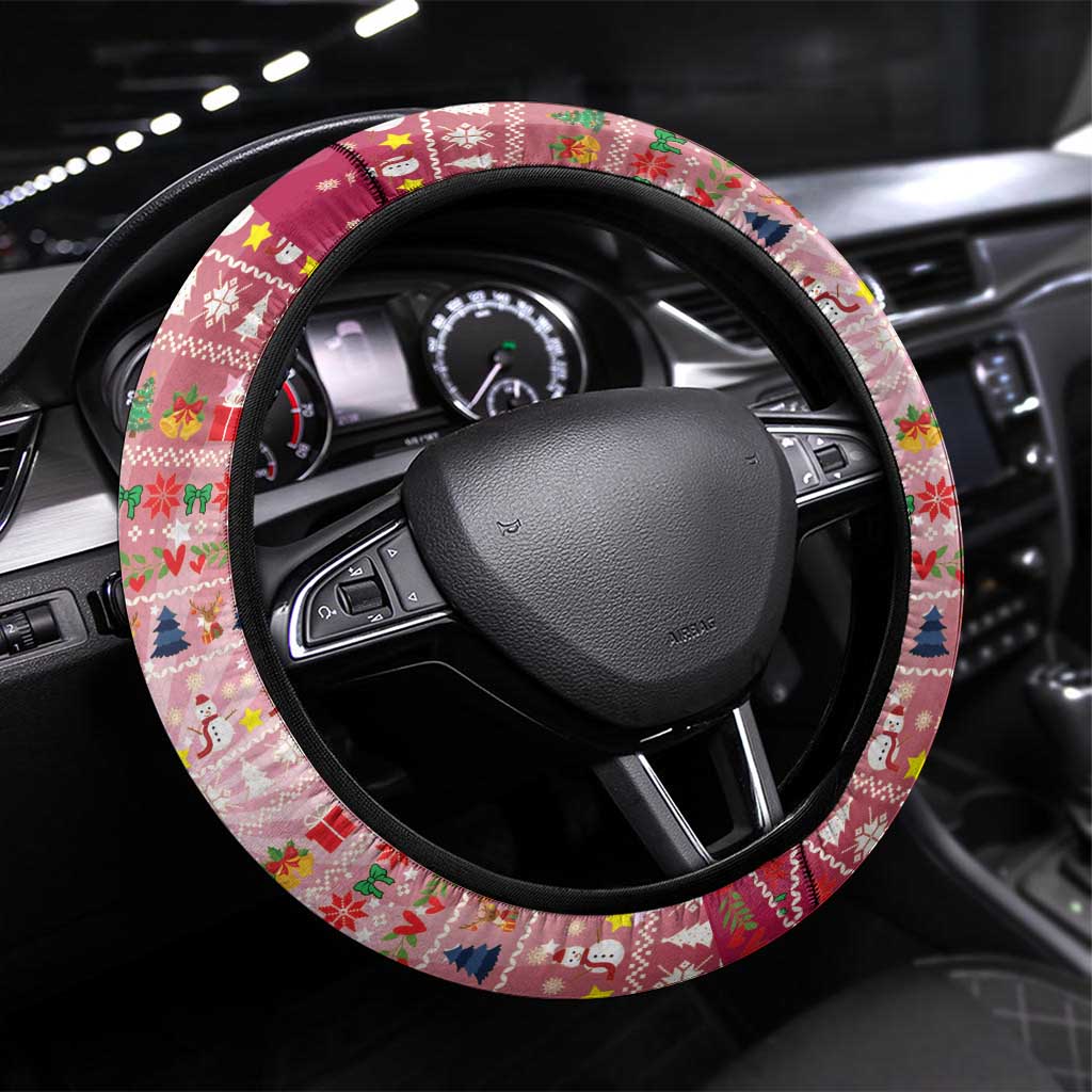 USA Christmas Steering Wheel Cover with Bald Eagle Seal Pink Starburst Pattern and Festive Holiday Icons - Wonder Print Shop