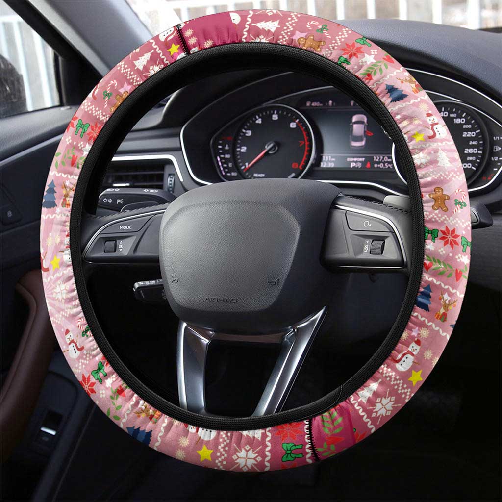 USA Christmas Steering Wheel Cover with Bald Eagle Seal Pink Starburst Pattern and Festive Holiday Icons - Wonder Print Shop