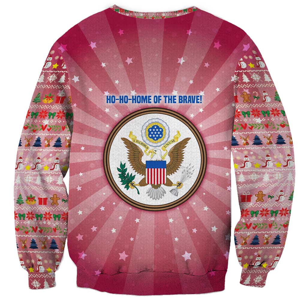 USA Christmas Sweatshirt with Bald Eagle Seal Pink Starburst Pattern and Festive Holiday Icons - Wonder Print Shop