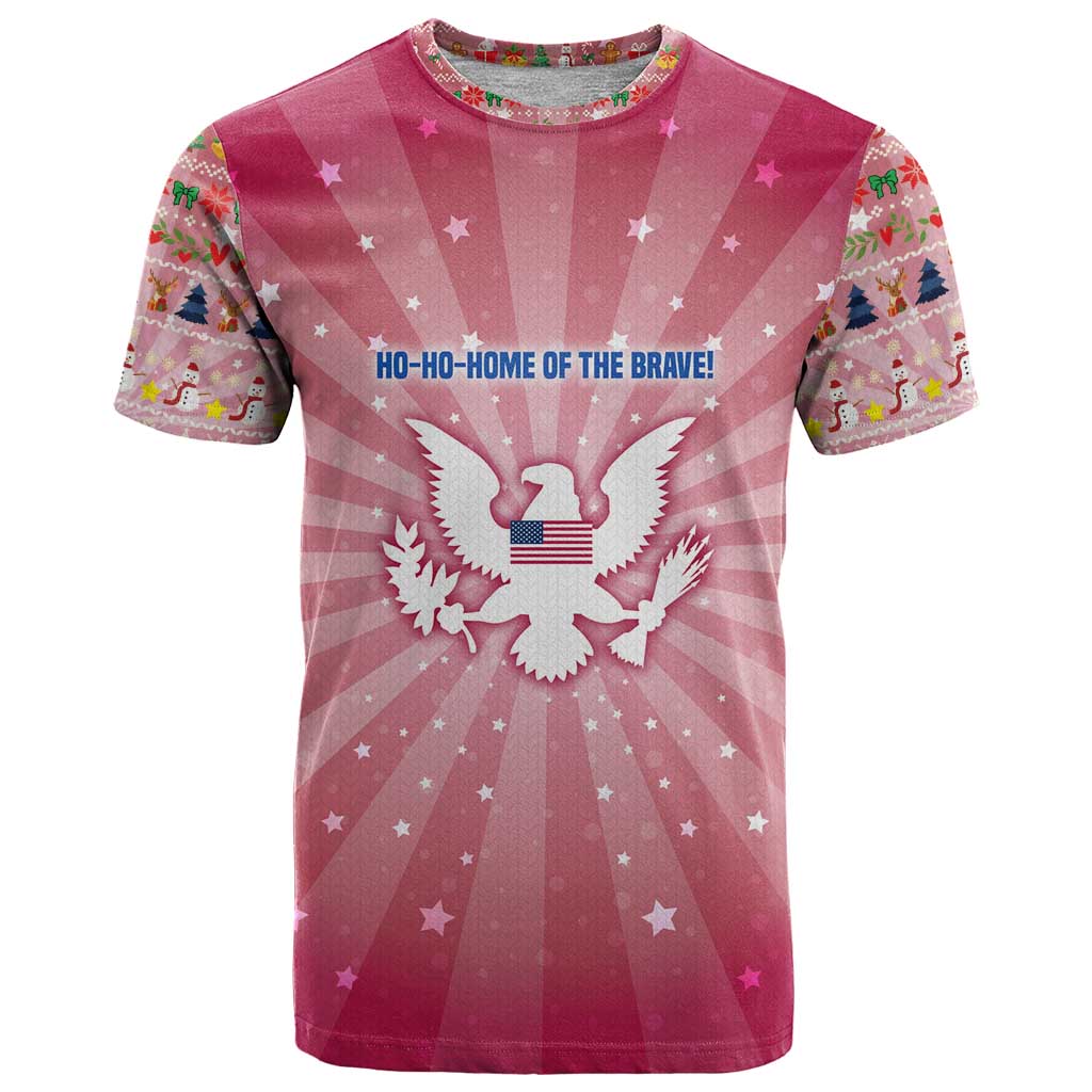 USA Christmas T Shirt with Bald Eagle Seal Pink Starburst Pattern and Festive Holiday Icons - Wonder Print Shop