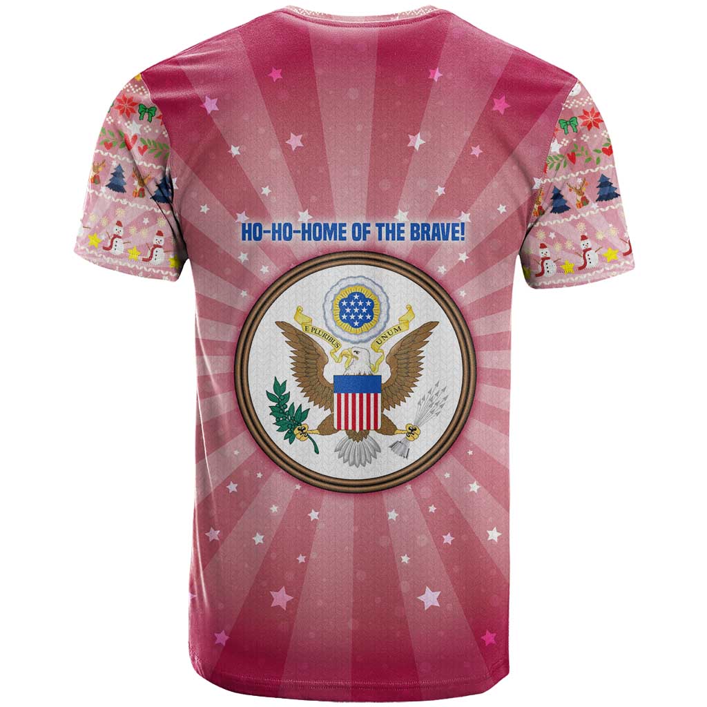 USA Christmas T Shirt with Bald Eagle Seal Pink Starburst Pattern and Festive Holiday Icons - Wonder Print Shop