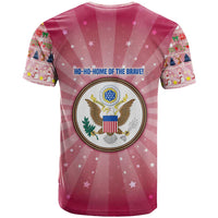 USA Christmas T Shirt with Bald Eagle Seal Pink Starburst Pattern and Festive Holiday Icons - Wonder Print Shop