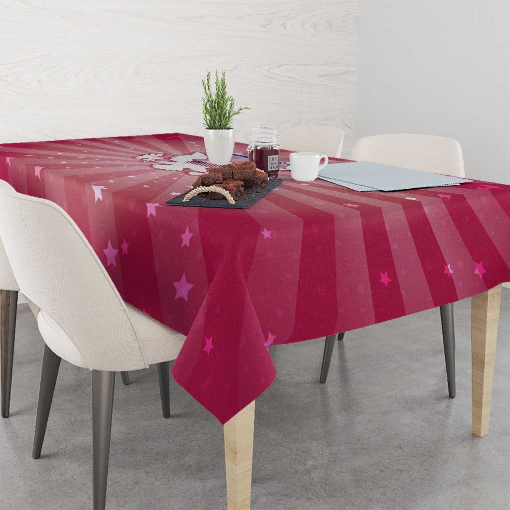 USA Christmas Tablecloth with Bald Eagle Seal Pink Starburst Pattern and Festive Holiday Icons - Wonder Print Shop