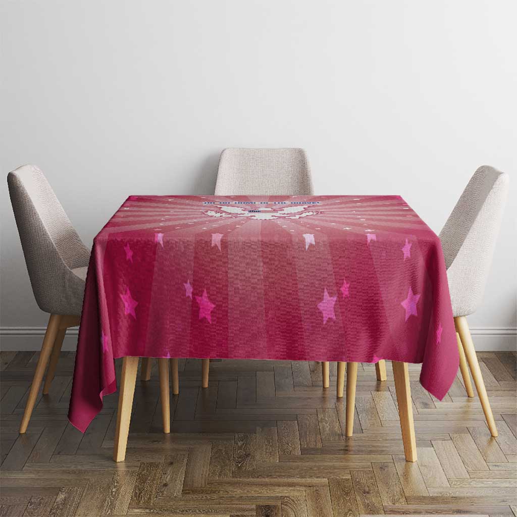 USA Christmas Tablecloth with Bald Eagle Seal Pink Starburst Pattern and Festive Holiday Icons - Wonder Print Shop