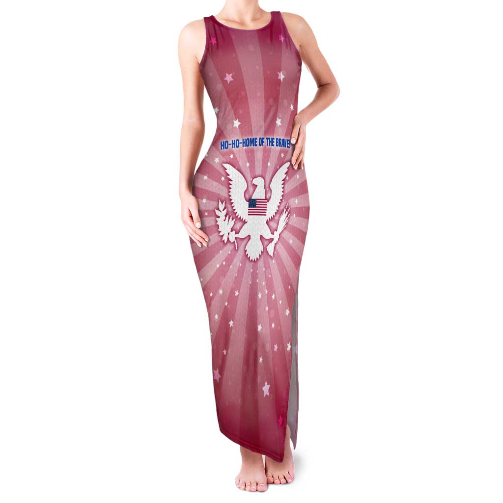 USA Christmas Tank Maxi Dress with Bald Eagle Seal Pink Starburst Pattern and Festive Holiday Icons - Wonder Print Shop