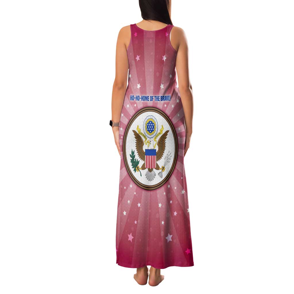 USA Christmas Tank Maxi Dress with Bald Eagle Seal Pink Starburst Pattern and Festive Holiday Icons - Wonder Print Shop