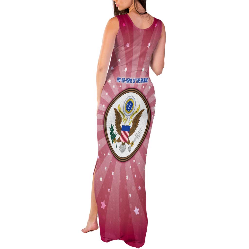 USA Christmas Tank Maxi Dress with Bald Eagle Seal Pink Starburst Pattern and Festive Holiday Icons - Wonder Print Shop