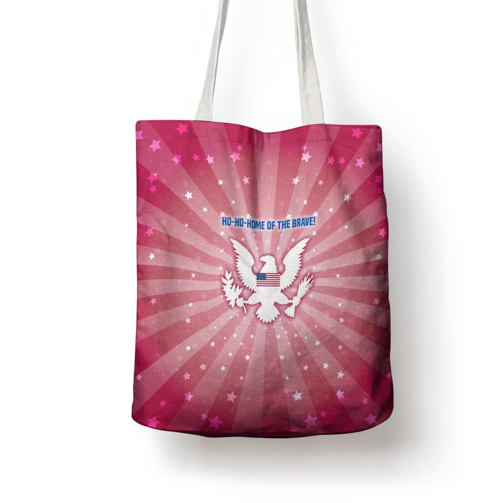 USA Christmas Tote Bag with Bald Eagle Seal Pink Starburst Pattern and Festive Holiday Icons - Wonder Print Shop
