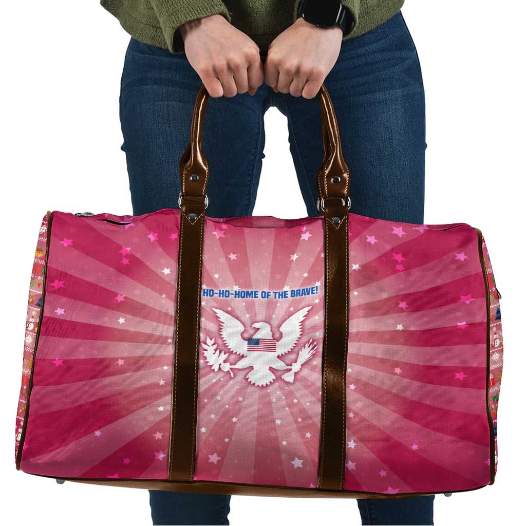 USA Christmas Travel Bag with Bald Eagle Seal Pink Starburst Pattern and Festive Holiday Icons - Wonder Print Shop