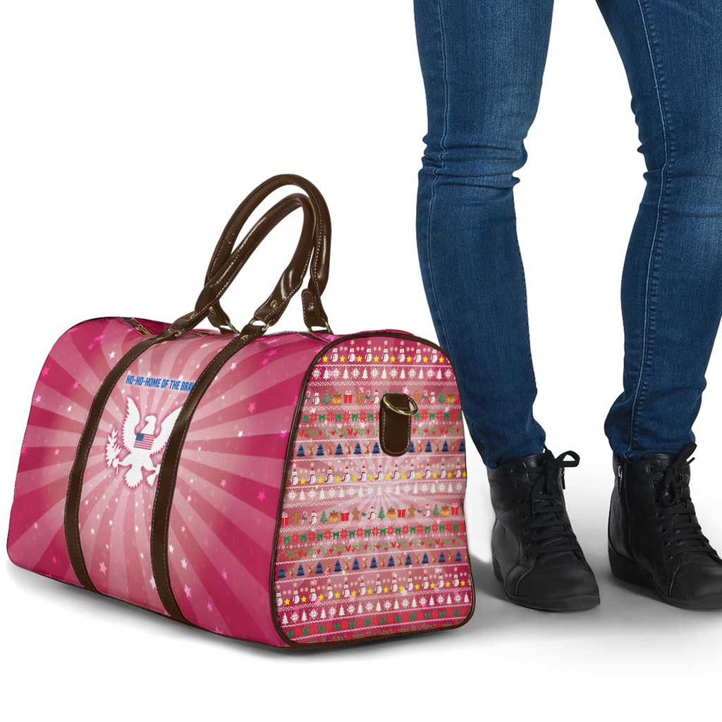 USA Christmas Travel Bag with Bald Eagle Seal Pink Starburst Pattern and Festive Holiday Icons - Wonder Print Shop