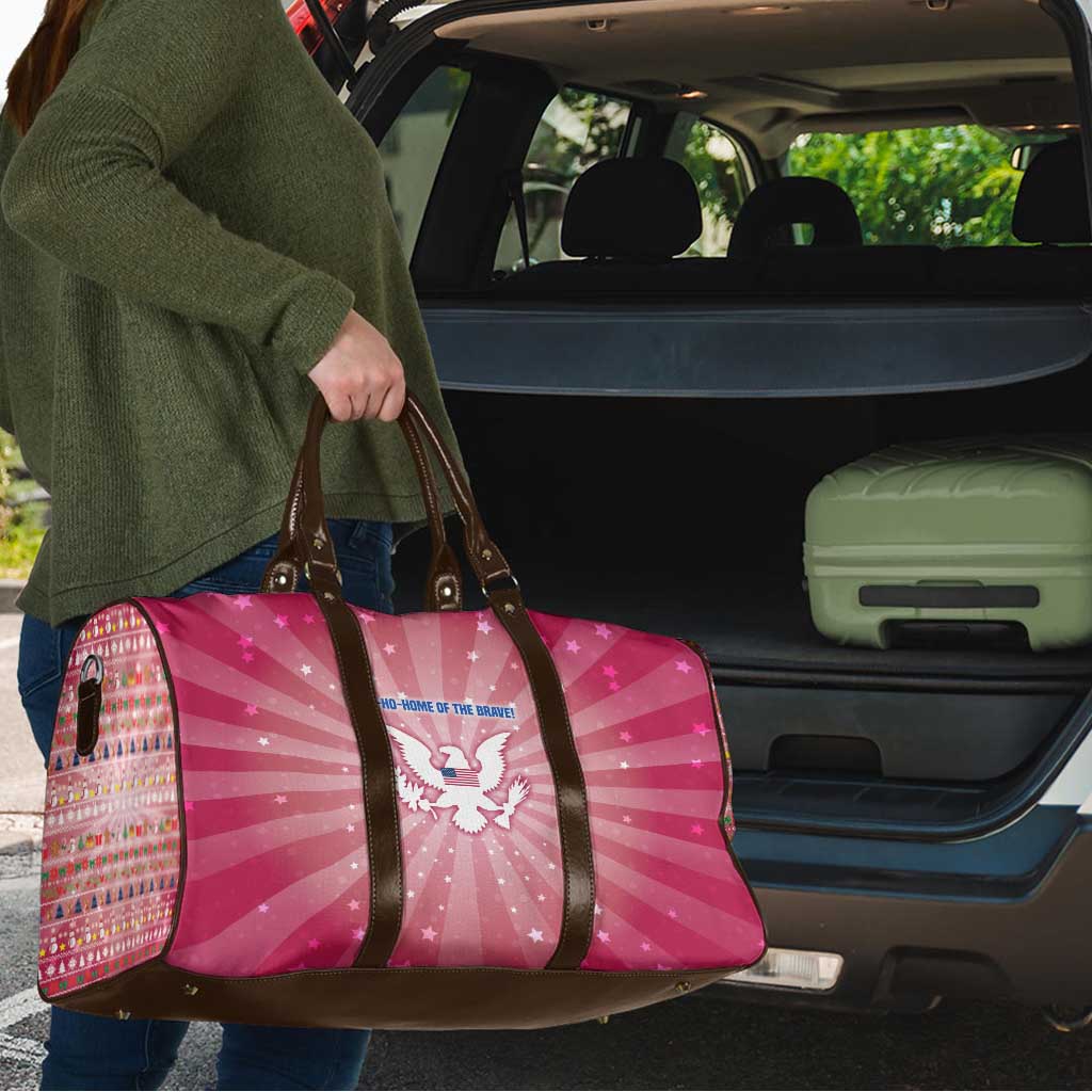 USA Christmas Travel Bag with Bald Eagle Seal Pink Starburst Pattern and Festive Holiday Icons - Wonder Print Shop
