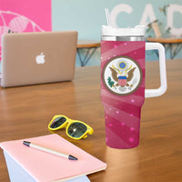 USA Christmas Tumbler With Handle with Bald Eagle Seal Pink Starburst Pattern and Festive Holiday Icons - Wonder Print Shop