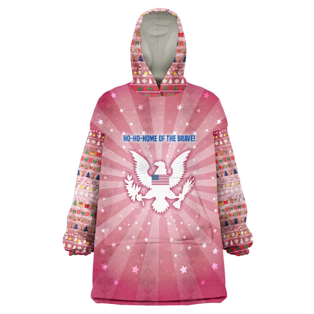 USA Christmas Wearable Blanket Hoodie with Bald Eagle Seal Pink Starburst Pattern and Festive Holiday Icons - Wonder Print Shop