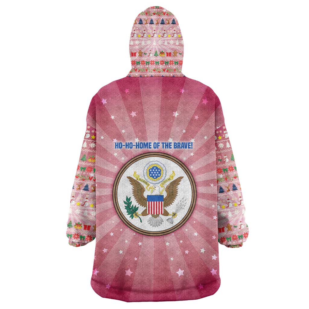 USA Christmas Wearable Blanket Hoodie with Bald Eagle Seal Pink Starburst Pattern and Festive Holiday Icons - Wonder Print Shop