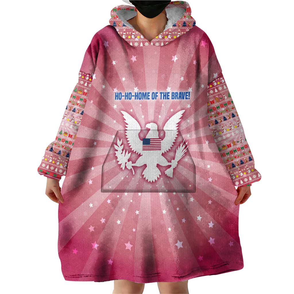 USA Christmas Wearable Blanket Hoodie with Bald Eagle Seal Pink Starburst Pattern and Festive Holiday Icons - Wonder Print Shop