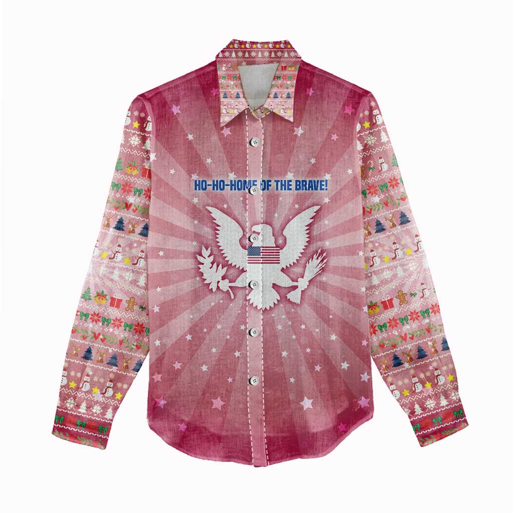 USA Christmas Women Casual Shirt with Bald Eagle Seal Pink Starburst Pattern and Festive Holiday Icons - Wonder Print Shop