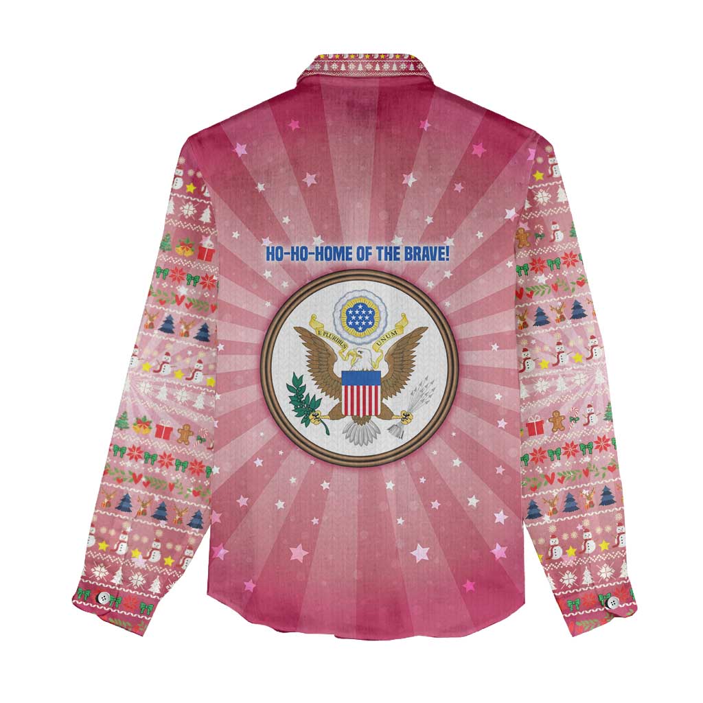 USA Christmas Women Casual Shirt with Bald Eagle Seal Pink Starburst Pattern and Festive Holiday Icons - Wonder Print Shop