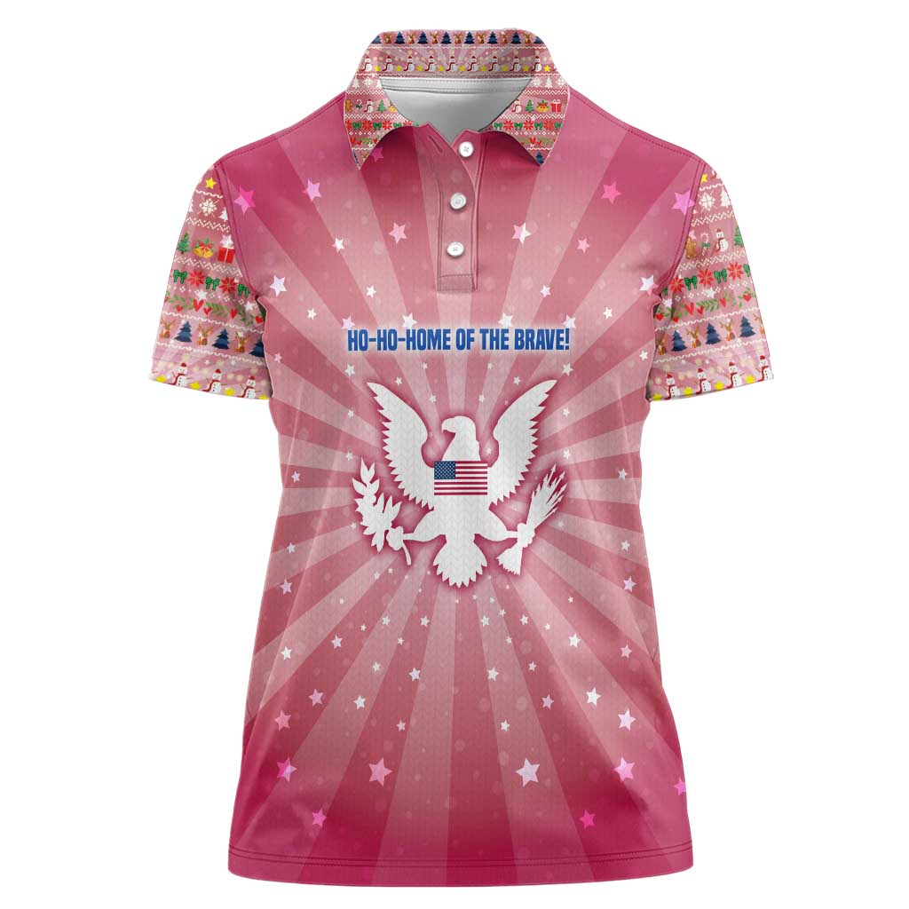 USA Christmas Women Polo Shirt with Bald Eagle Seal Pink Starburst Pattern and Festive Holiday Icons - Wonder Print Shop