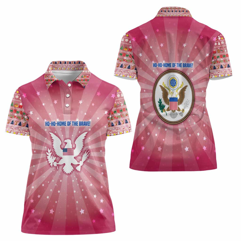 USA Christmas Women Polo Shirt with Bald Eagle Seal Pink Starburst Pattern and Festive Holiday Icons - Wonder Print Shop