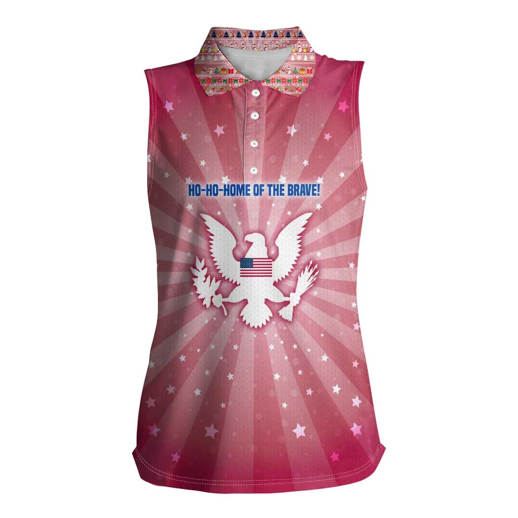 USA Christmas Women Sleeveless Polo Shirt with Bald Eagle Seal Pink Starburst Pattern and Festive Holiday Icons - Wonder Print Shop