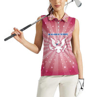 USA Christmas Women Sleeveless Polo Shirt with Bald Eagle Seal Pink Starburst Pattern and Festive Holiday Icons - Wonder Print Shop