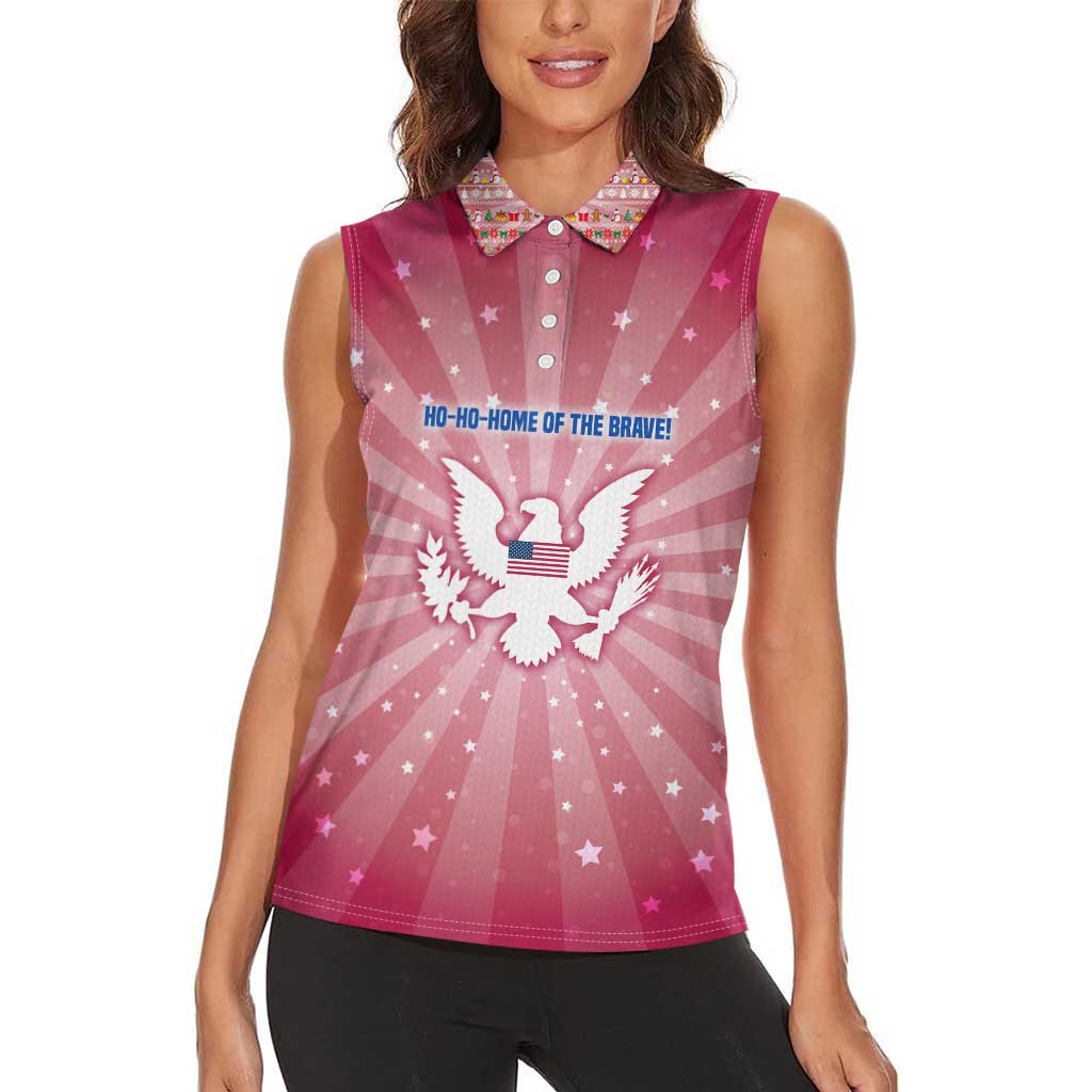 USA Christmas Women Sleeveless Polo Shirt with Bald Eagle Seal Pink Starburst Pattern and Festive Holiday Icons - Wonder Print Shop