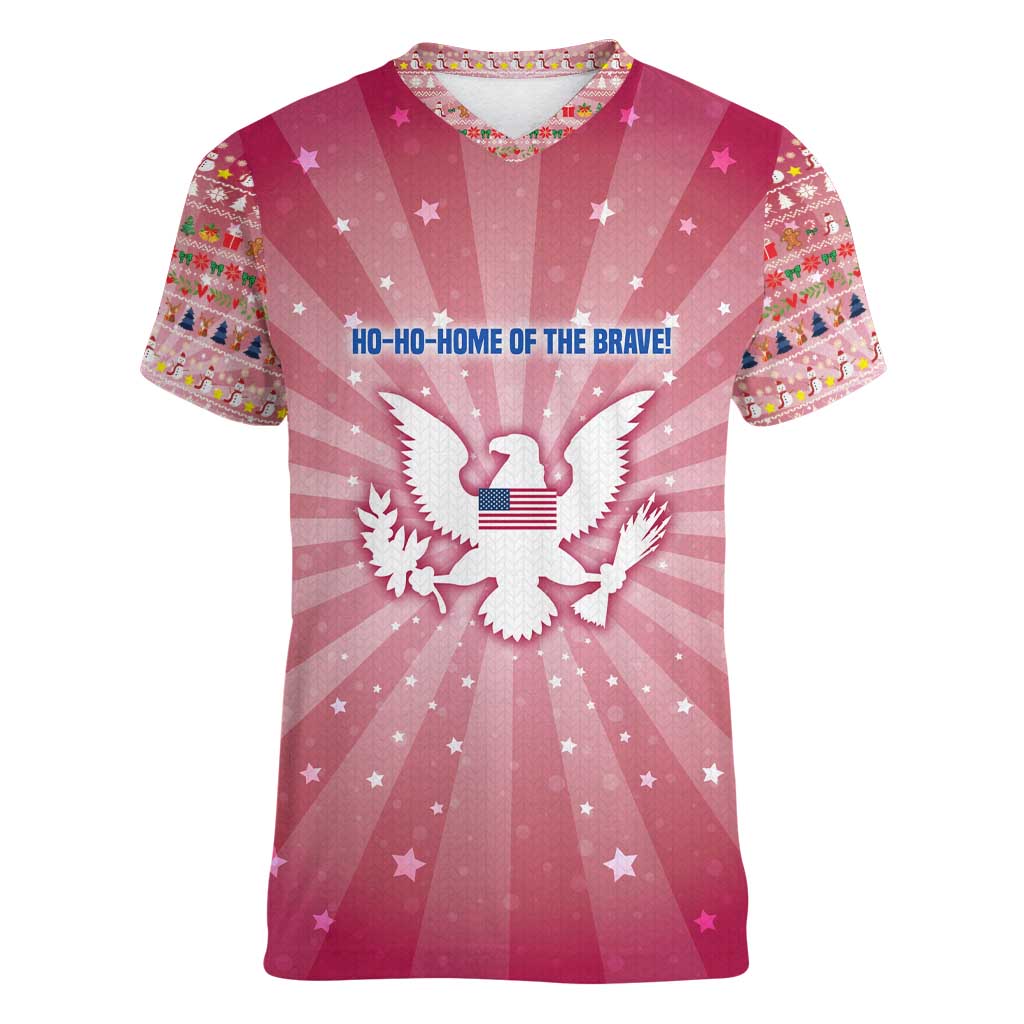USA Christmas Women V-Neck T-Shirt with Bald Eagle Seal Pink Starburst Pattern and Festive Holiday Icons - Wonder Print Shop