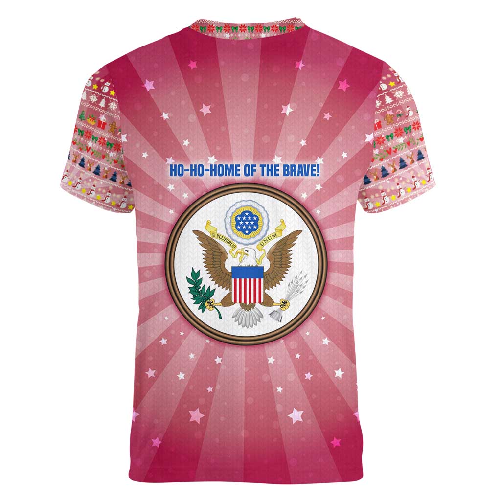 USA Christmas Women V-Neck T-Shirt with Bald Eagle Seal Pink Starburst Pattern and Festive Holiday Icons - Wonder Print Shop