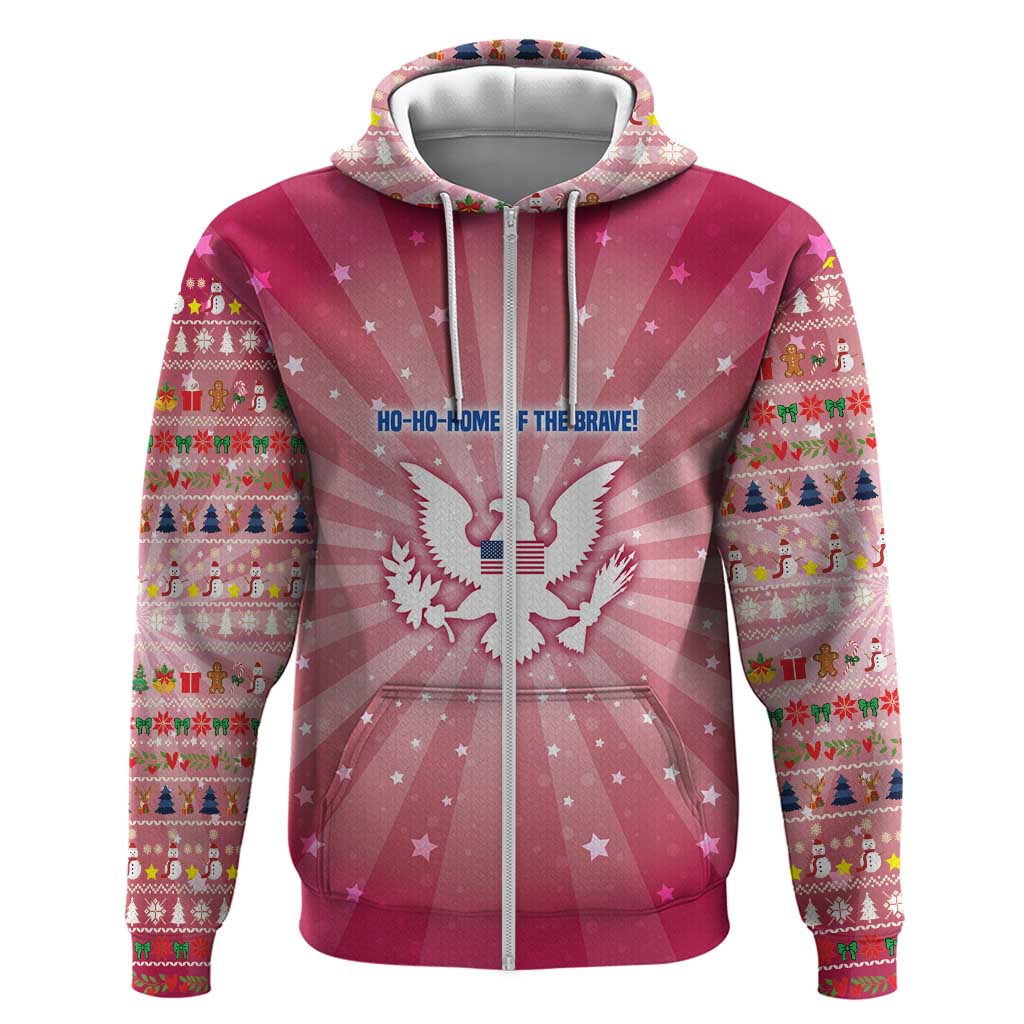 USA Christmas Zip Hoodie with Bald Eagle Seal Pink Starburst Pattern and Festive Holiday Icons - Wonder Print Shop