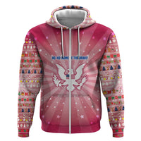 USA Christmas Zip Hoodie with Bald Eagle Seal Pink Starburst Pattern and Festive Holiday Icons - Wonder Print Shop
