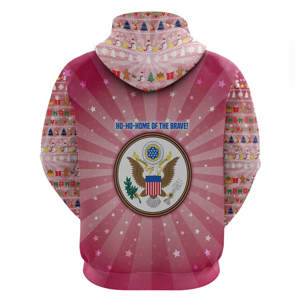 USA Christmas Zip Hoodie with Bald Eagle Seal Pink Starburst Pattern and Festive Holiday Icons - Wonder Print Shop