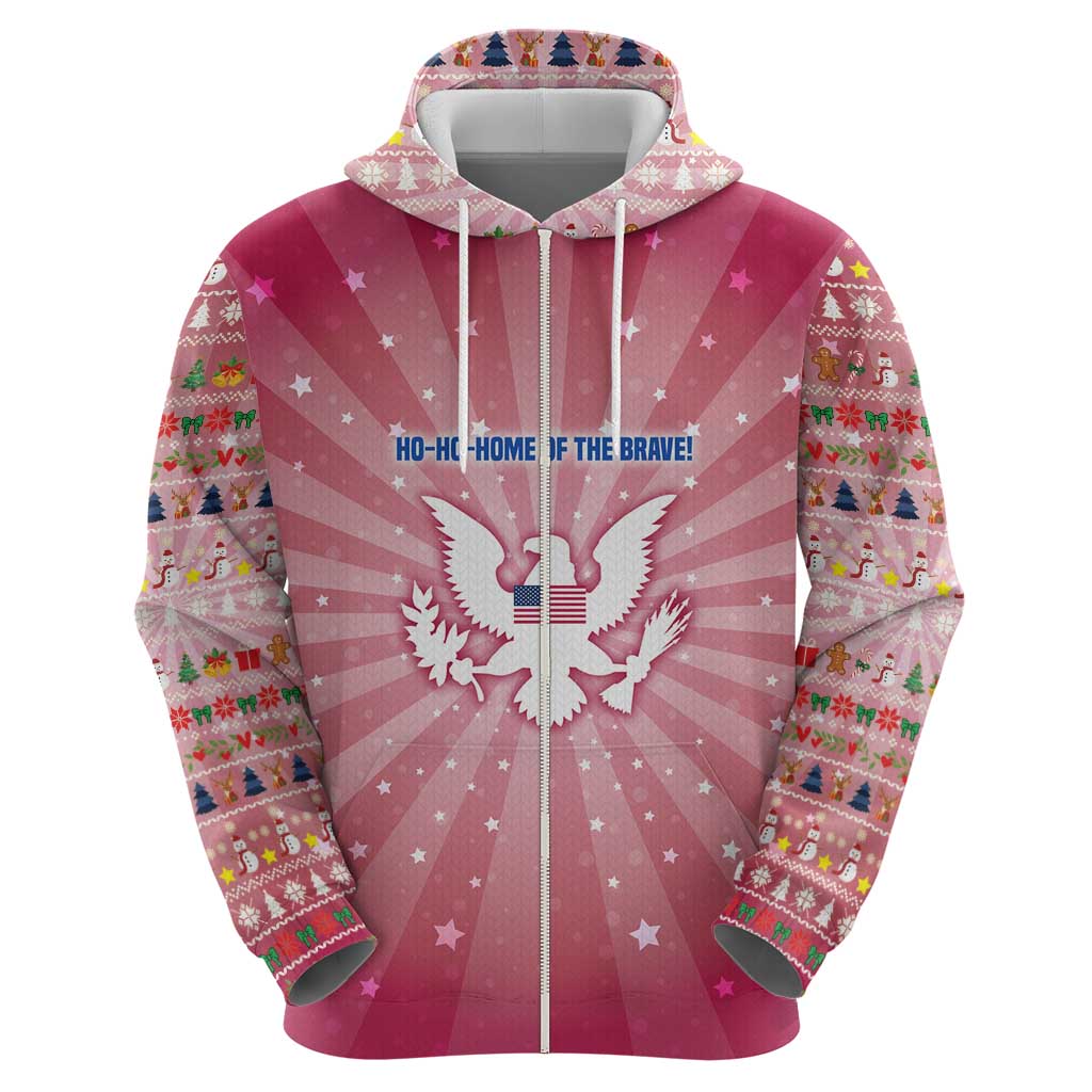 USA Christmas Zip Hoodie with Bald Eagle Seal Pink Starburst Pattern and Festive Holiday Icons - Wonder Print Shop