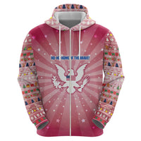 USA Christmas Zip Hoodie with Bald Eagle Seal Pink Starburst Pattern and Festive Holiday Icons - Wonder Print Shop