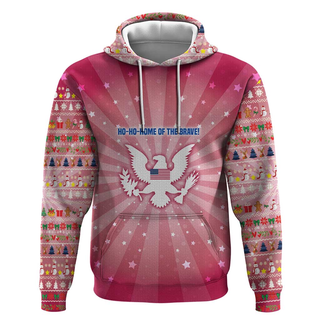 USA Christmas Zip Hoodie with Bald Eagle Seal Pink Starburst Pattern and Festive Holiday Icons - Wonder Print Shop