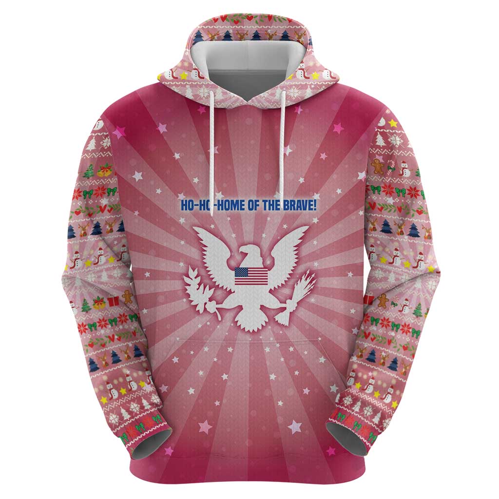USA Christmas Zip Hoodie with Bald Eagle Seal Pink Starburst Pattern and Festive Holiday Icons - Wonder Print Shop
