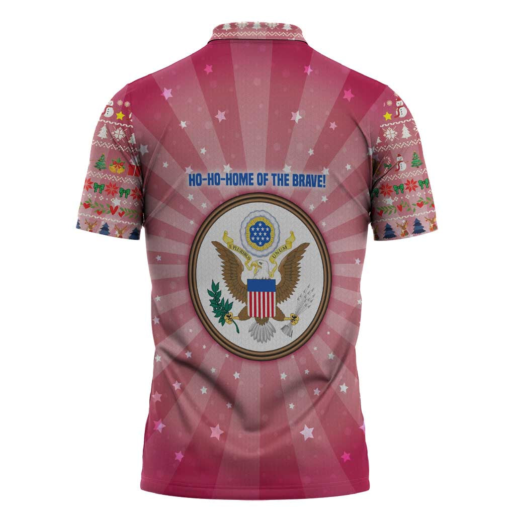 USA Christmas Zipper Polo Shirt with Bald Eagle Seal Pink Starburst Pattern and Festive Holiday Icons - Wonder Print Shop