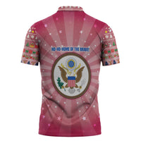 USA Christmas Zipper Polo Shirt with Bald Eagle Seal Pink Starburst Pattern and Festive Holiday Icons - Wonder Print Shop