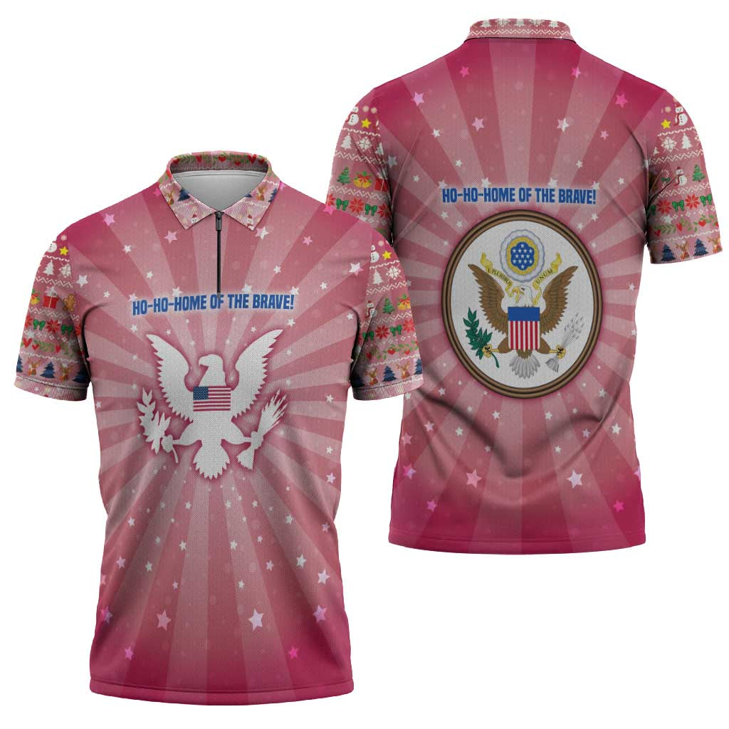 USA Christmas Zipper Polo Shirt with Bald Eagle Seal Pink Starburst Pattern and Festive Holiday Icons - Wonder Print Shop
