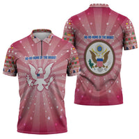 USA Christmas Zipper Polo Shirt with Bald Eagle Seal Pink Starburst Pattern and Festive Holiday Icons - Wonder Print Shop