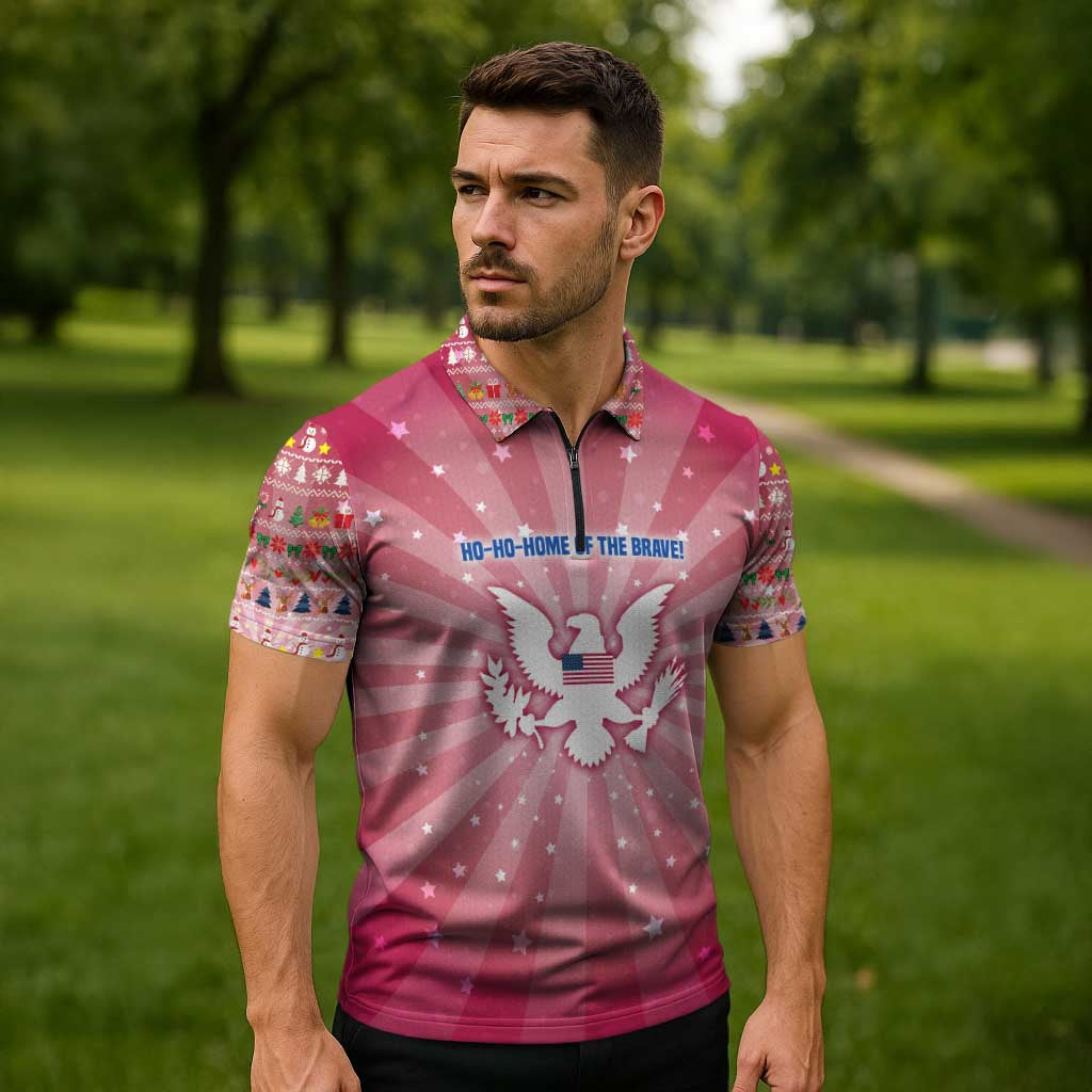 USA Christmas Zipper Polo Shirt with Bald Eagle Seal Pink Starburst Pattern and Festive Holiday Icons - Wonder Print Shop