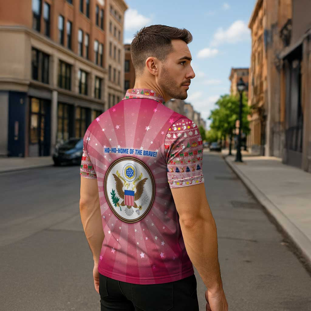 USA Christmas Zipper Polo Shirt with Bald Eagle Seal Pink Starburst Pattern and Festive Holiday Icons - Wonder Print Shop