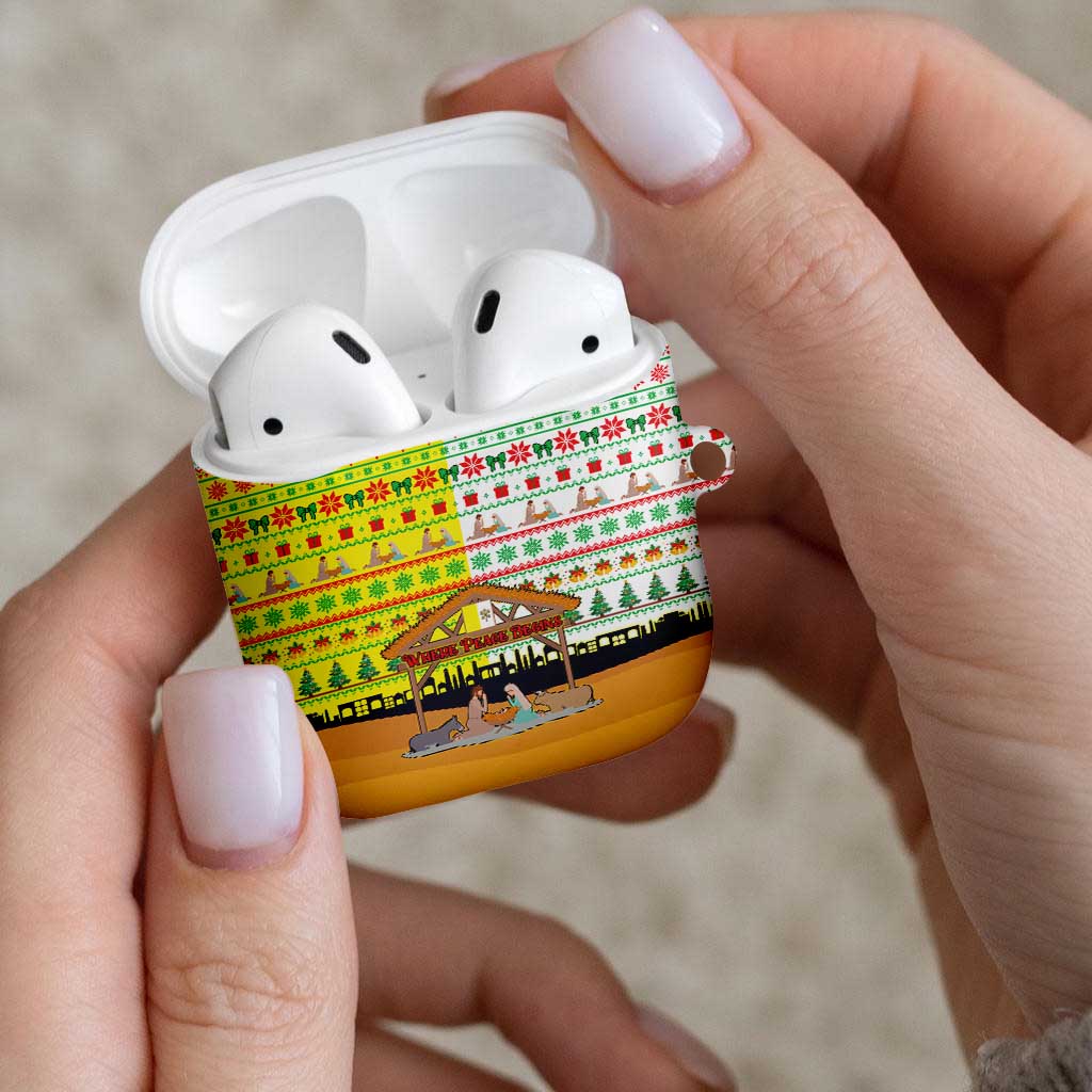 Vatican Christmas AirPods Case with Bethlehem Silhouette Yellow Red Green Pattern and Baby Jesus Manger - Wonder Print Shop