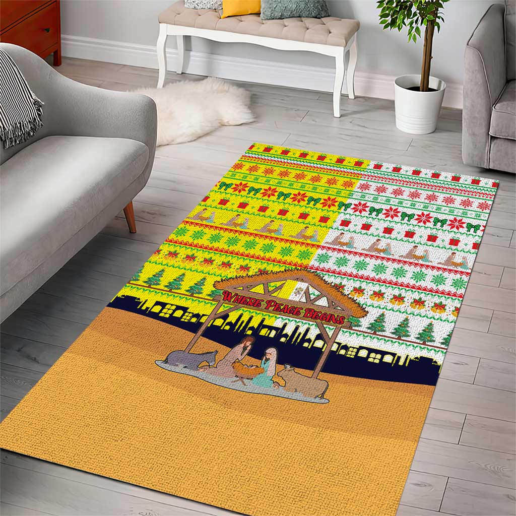 Vatican Christmas Area Rug with Bethlehem Silhouette Yellow Red Green Pattern and Baby Jesus Manger - Wonder Print Shop