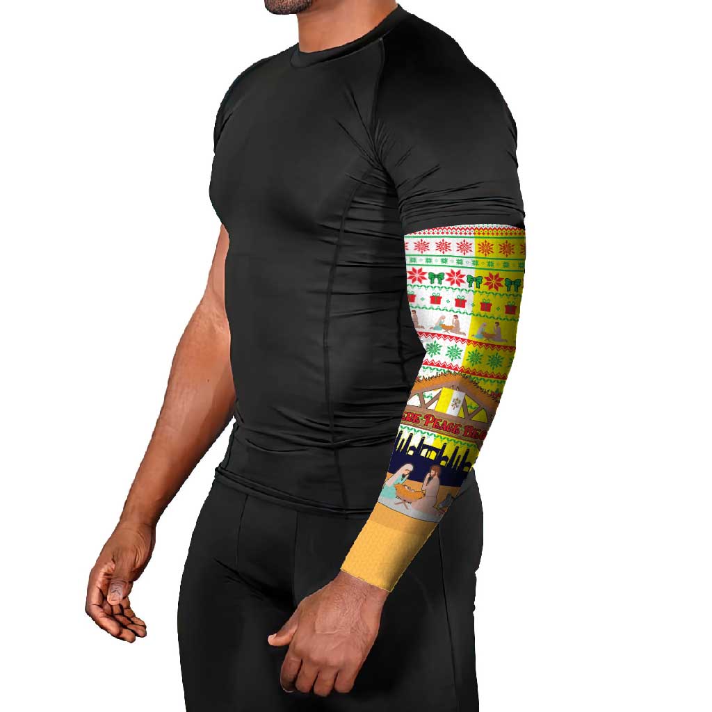 Vatican Christmas Arm Sleeves with Bethlehem Silhouette Yellow Red Green Pattern and Baby Jesus Manger - Wonder Print Shop