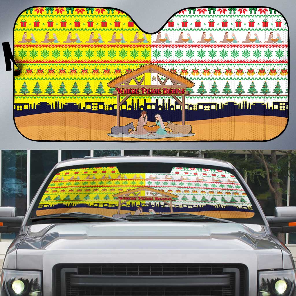 Vatican Christmas Auto Sun Shade with Bethlehem Silhouette Yellow Red Green Pattern and Baby Jesus Manger - Wonder Print Shop