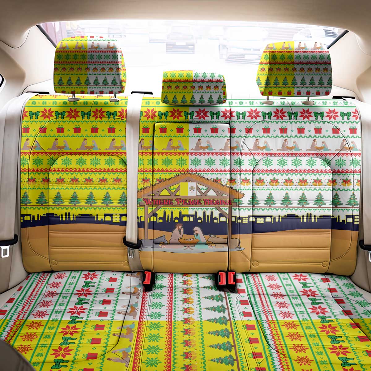 Vatican Christmas Back Car Seat Cover with Bethlehem Silhouette Yellow Red Green Pattern and Baby Jesus Manger - Wonder Print Shop